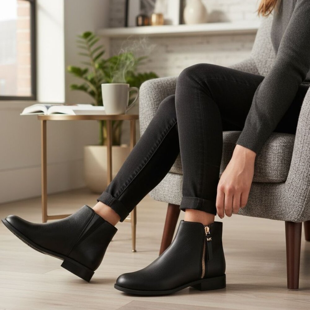 NIB Michael Kors Britt Faux Leather 1" Heel Round Toe Side Zip Ankle Bootie